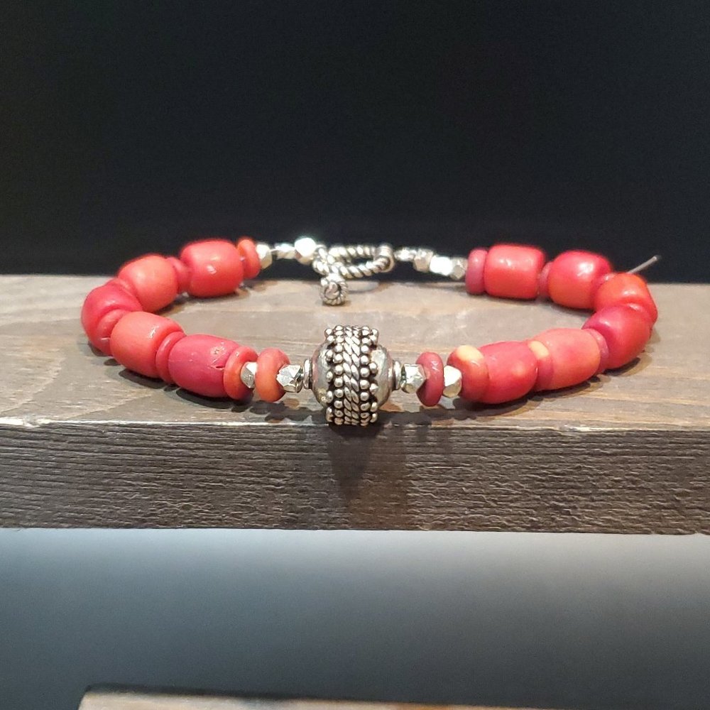 8 Inch 925 Sterling Silver Cool Red Shell Segmented Bracelet